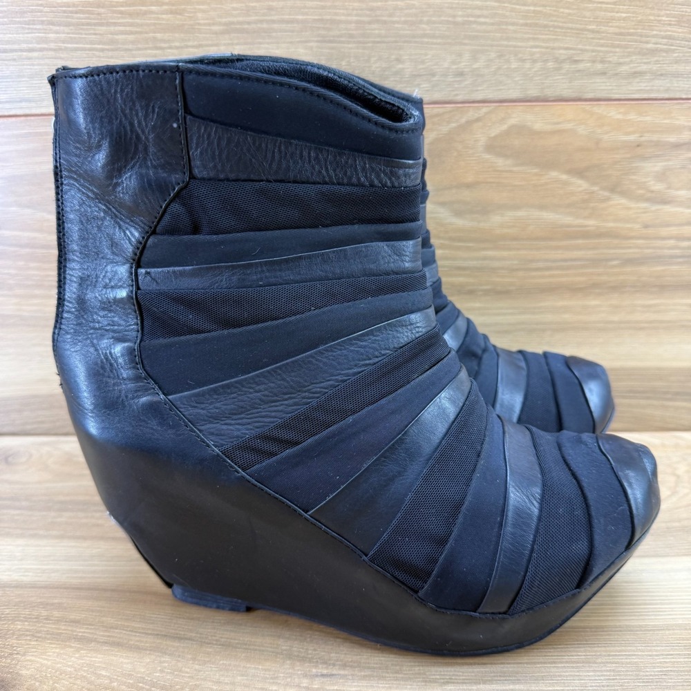 MIISTA Platform Y2K Chunky Wedge Boot 9.5 EU 40 Black Leather Patchwork Metal
